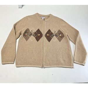 Croft & Barrow Cardigan Sweater Womens Petite Medium Beige Bird Holiday Argyle